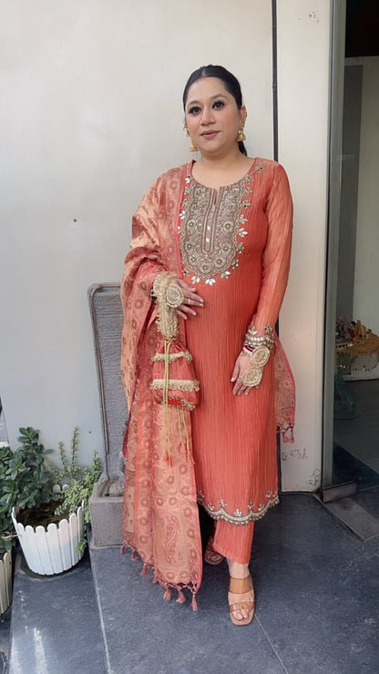 Kesariya Rust Karwa with potli Designer Suit