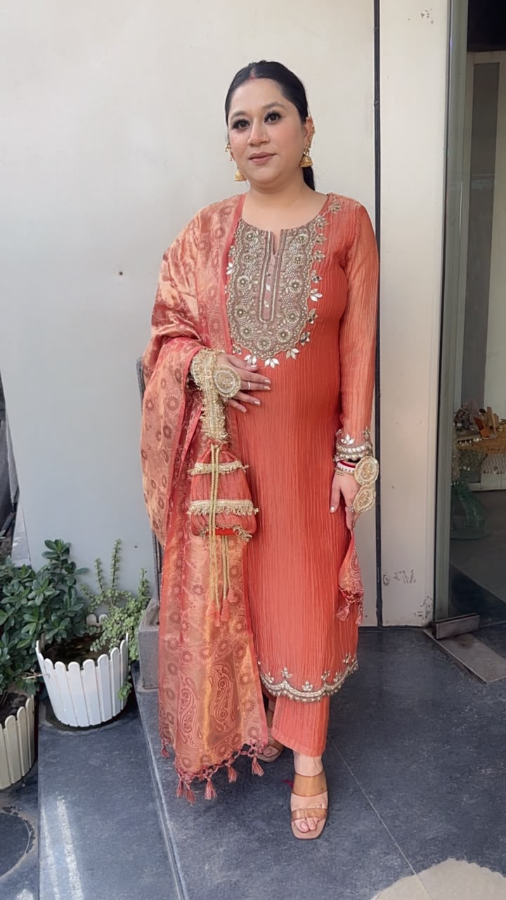 Kesariya Rust Karwa with potli Designer Suit