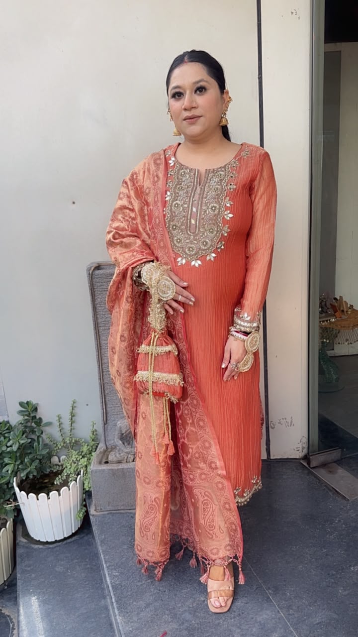 Kesariya Rust Karwa with potli Designer Suit