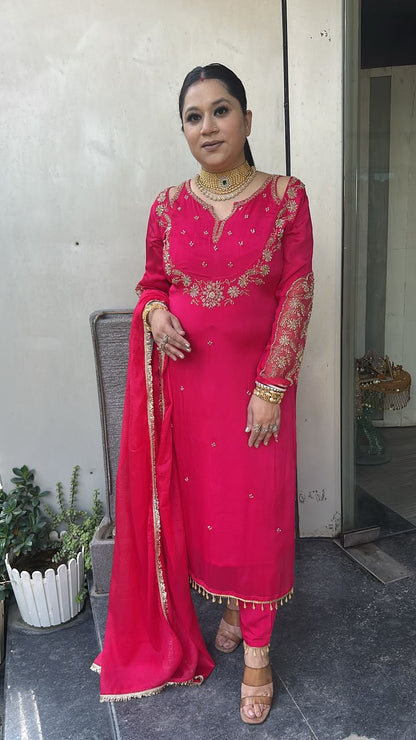 Chunari karwa pink Handwork Designer Suit