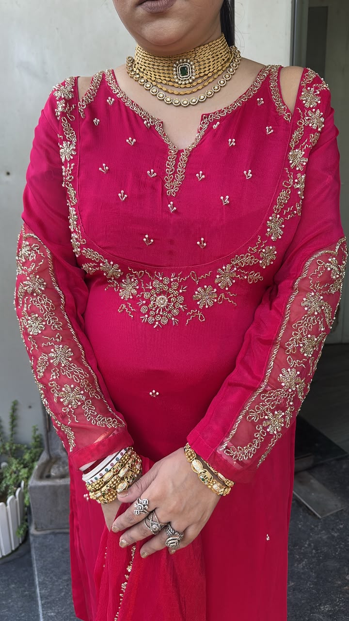 Chunari karwa pink Handwork Designer Suit