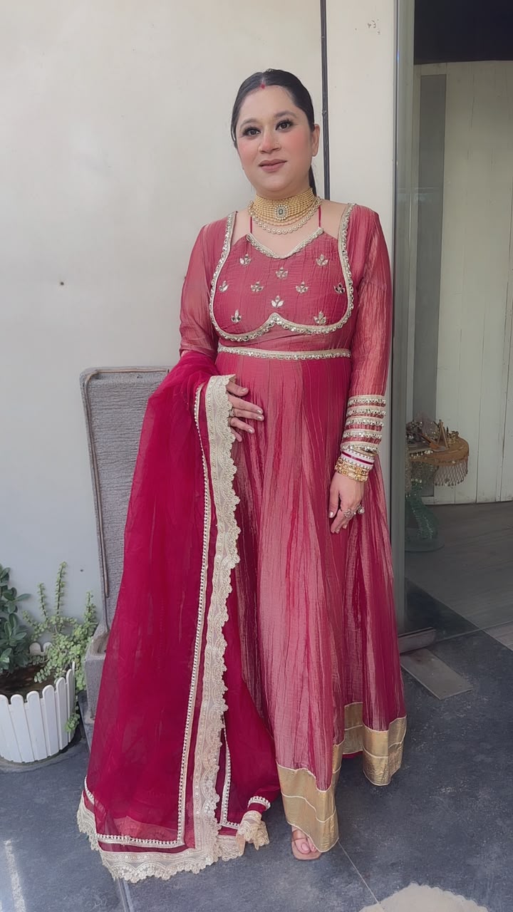 Nazakat onion pink Mirror work Designer Anarkali Suit