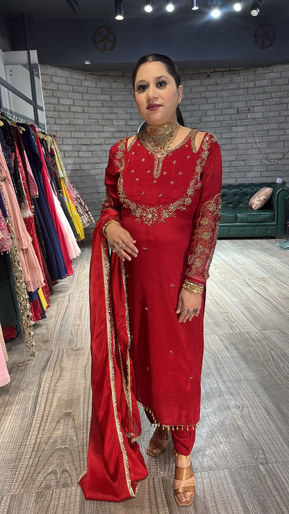 Chunari karwa Mahroon Handwork Designer Suit