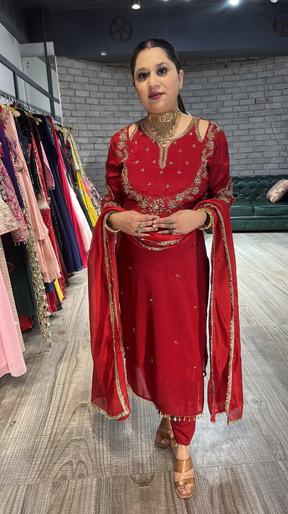 Chunari karwa Mahroon Handwork Designer Suit
