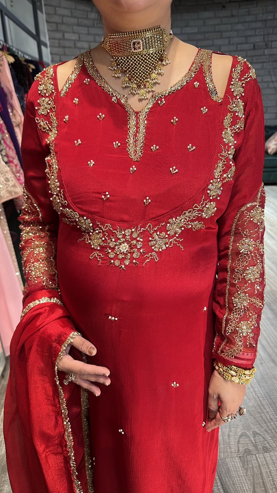Chunari karwa Mahroon Handwork Designer Suit