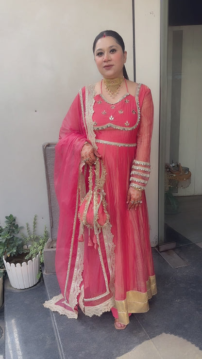 Nazakat Peach pink  Mirror work Designer Anarkali Suit