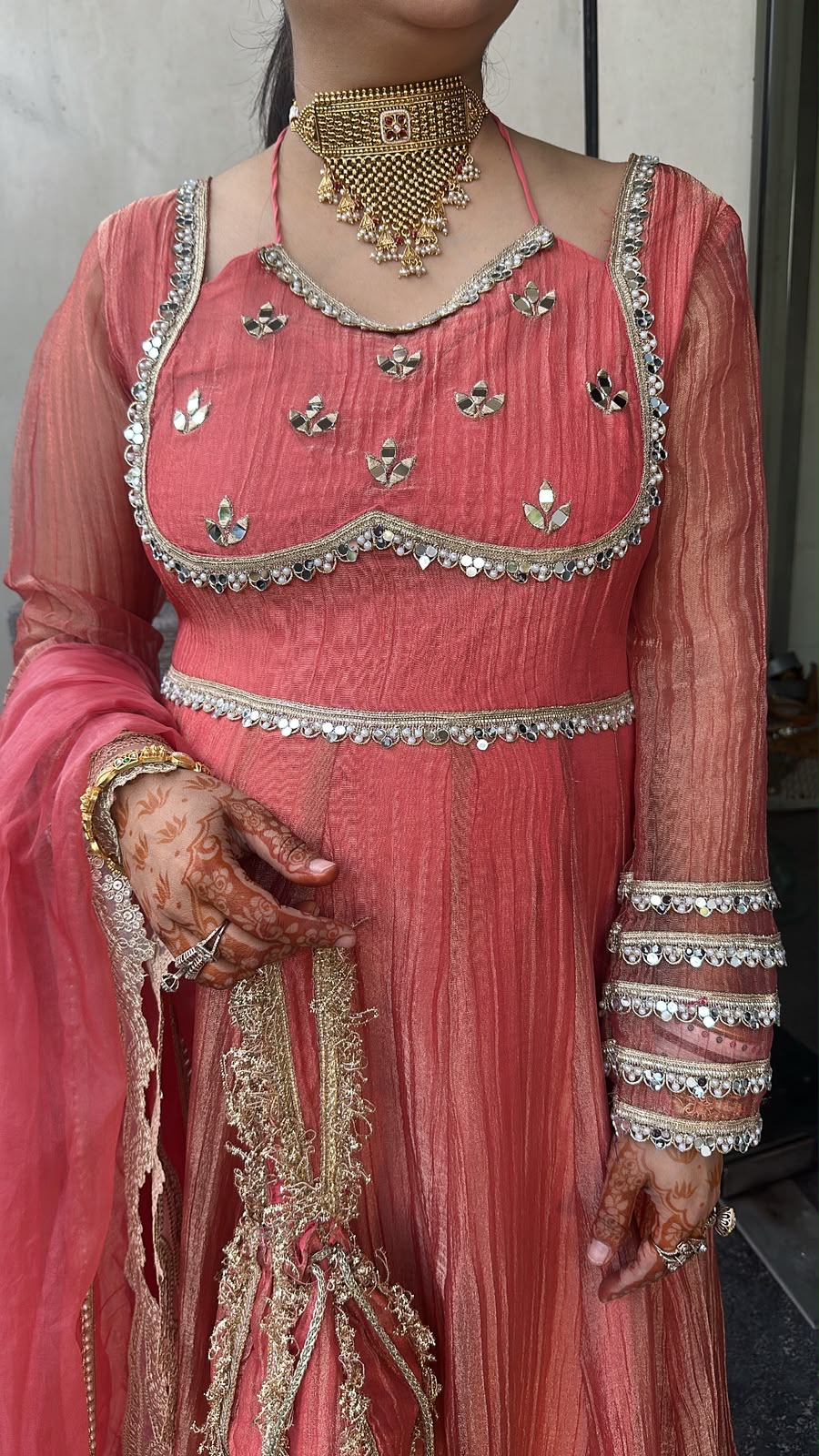 Nazakat Peach pink  Mirror work Designer Anarkali Suit