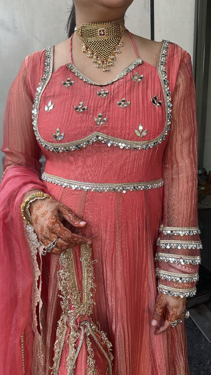 Nazakat Peach pink  Mirror work Designer Anarkali Suit