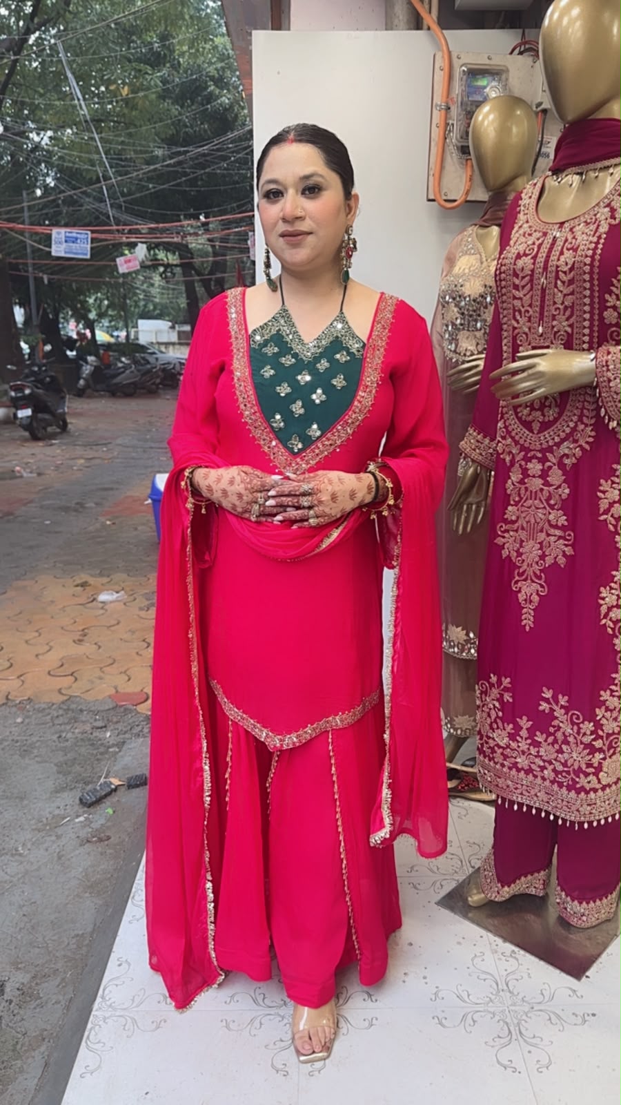 Gulzaar pink Bottel Green Handwork  Designer Suit
