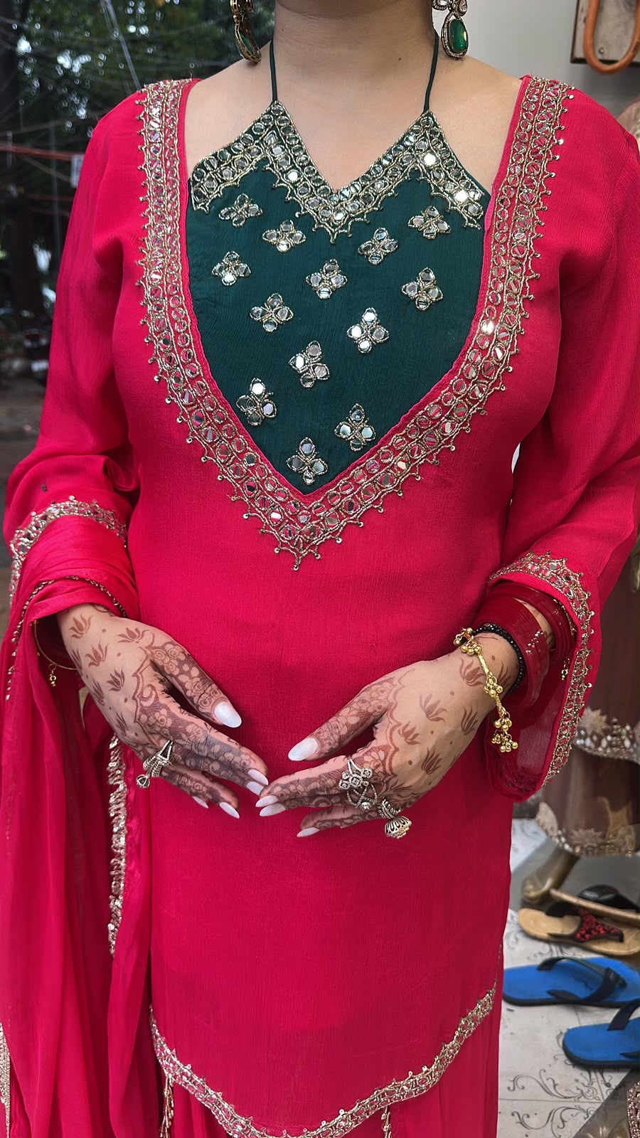 Gulzaar pink Bottel Green Handwork  Designer Suit